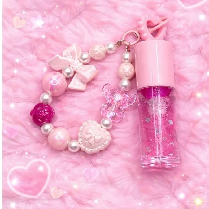 Gloss Chaveiro Stitch Rosa Glitter + Pulseira Lip Oil Hidratante Brilho Labial Natural Fashion Fofo Blogueira